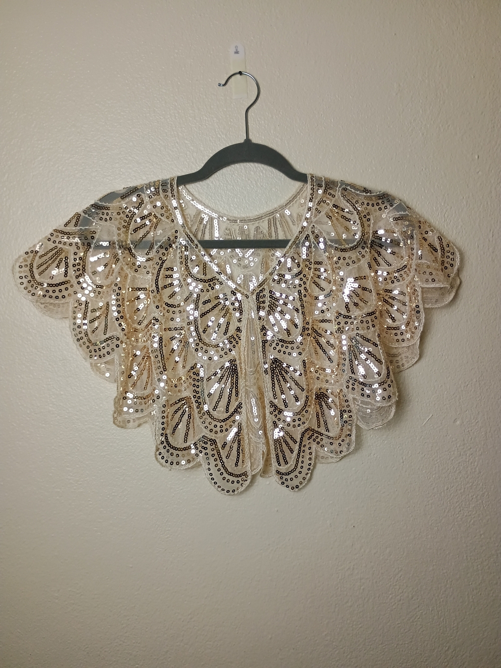 Sequined Mesh Capelet Ivory Beaded Top Vintage Evening Shawl Or Flapper